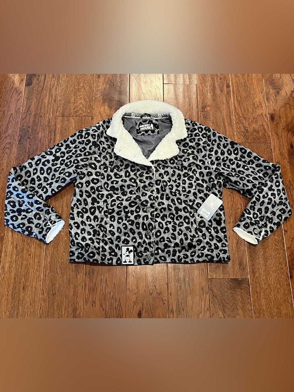 Women's Disney Gray Leopard Sherpa Collar Corduroy Jacket Size L